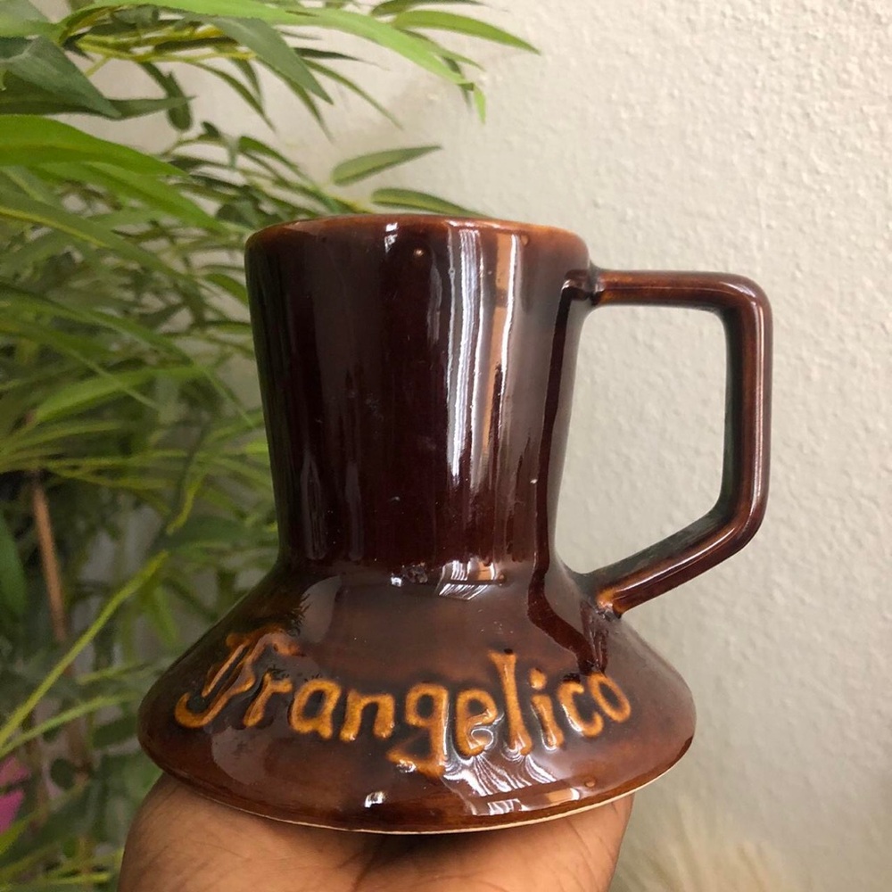 Vintage Frangelico Ceramic Mug Wide Bottom 70s Brown Unique Flared Base 4” Tall